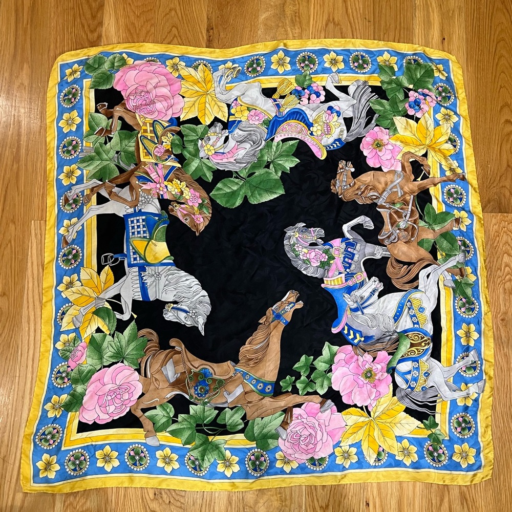 VINTAGE 100% SILK LEONARD PARIS Floral Horse Print Scarf - Black, Pink, Yellow